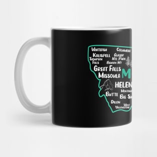 Cute map of Miles City Montana, Helena, Missoula, Great Falls, Bozemian, Billings, Kalispell, Big Sky Mug